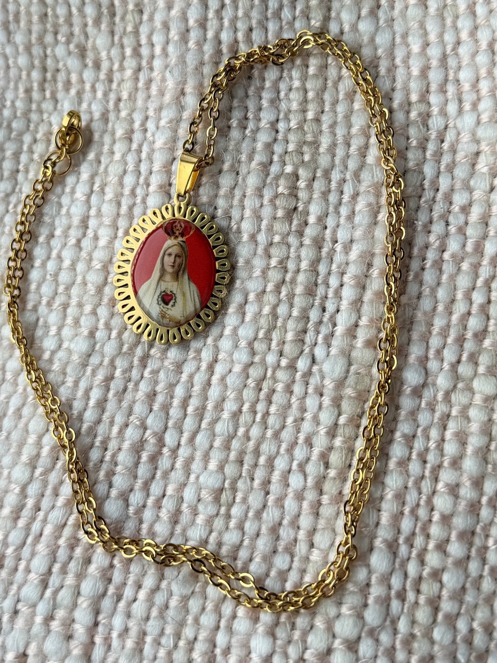 Gold Color Stainless Steel Virgin Mary and Child Necklace Religious Jewelry